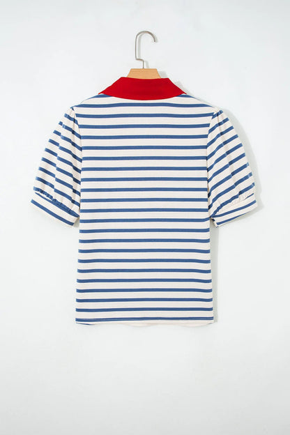 Blue Stripe Short Puff Sleeve Color Block Polo Collar Blouse Nataliz