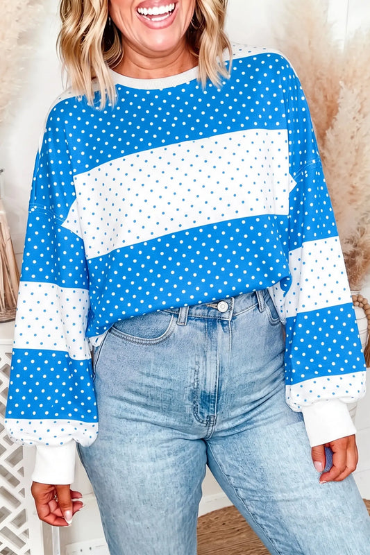 Blue Polka Dot Color Block Drop Shoulder Plus Size Long Sleeve Top
