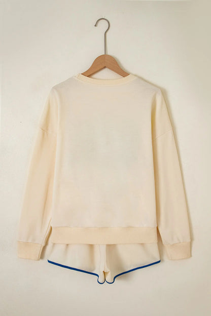 Beige Game Day Crewneck Long Sleeve Pullover Athleisure Short Sets