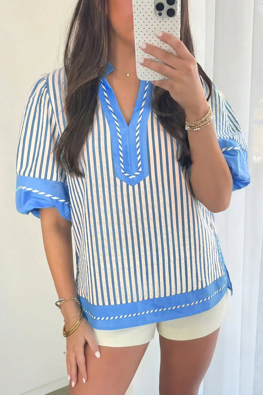 Sky Blue Stripe Color Block Detail V Neck Short Sleeve Blouse Nataliz