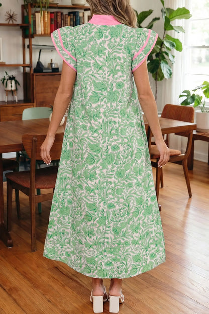 Pink Floral Print Color Block Patchwork V Neck Short Sleeve Midi Dress Nataliz