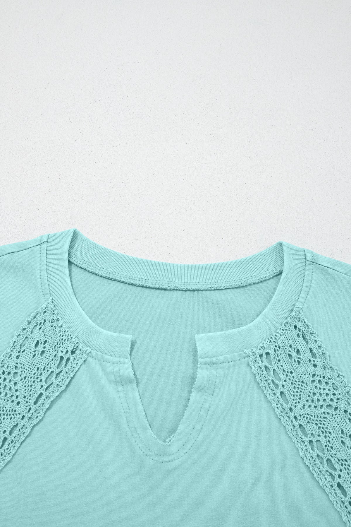 Cotton Raw Cut Notched Neck Lace Patchwork Detail Mineral Wash Tee