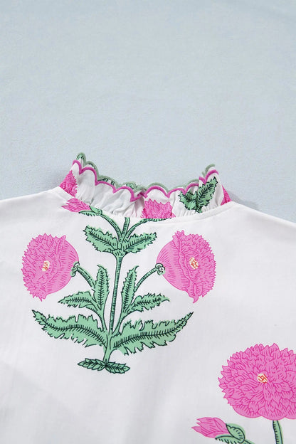 Sky Blue Wild Floral Print Scalloped Embroidery Trim V Neck Drop Waist Mini Dress - Casual Dresses