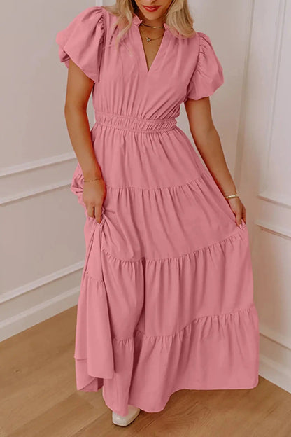 Bright Green Solid Color V Neck Short Puff Sleeve High Waist Tiered Maxi Dress - Casual Dresses