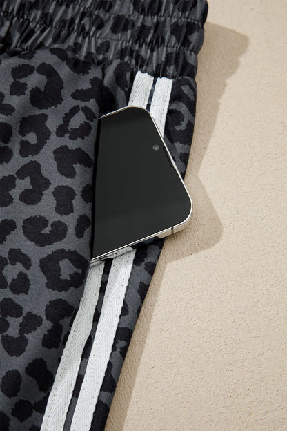 Apricot Leopard Print Varsity Striped Detail 3/4 Sleeve Top Shift Pant Set
