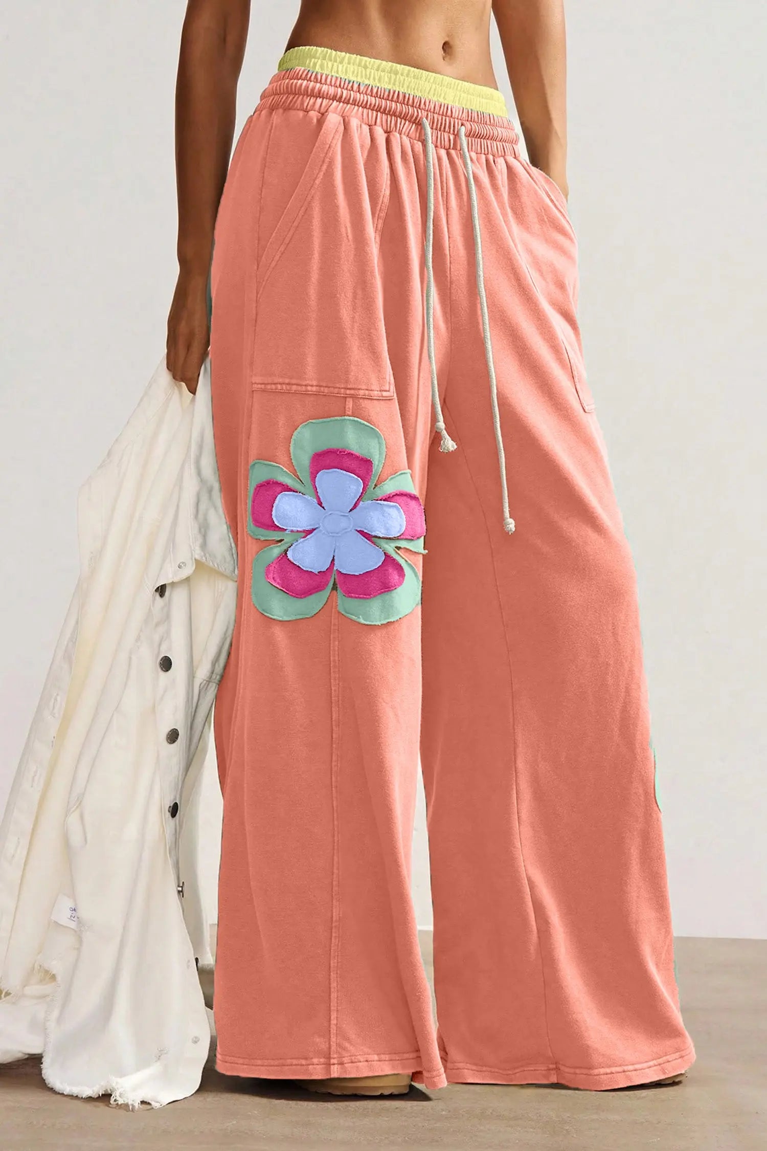 Grapefruit Orange Color Block Flower Patchwork Drawstring Contrasted Elastic Waist Wide Leg Pants Nataliz