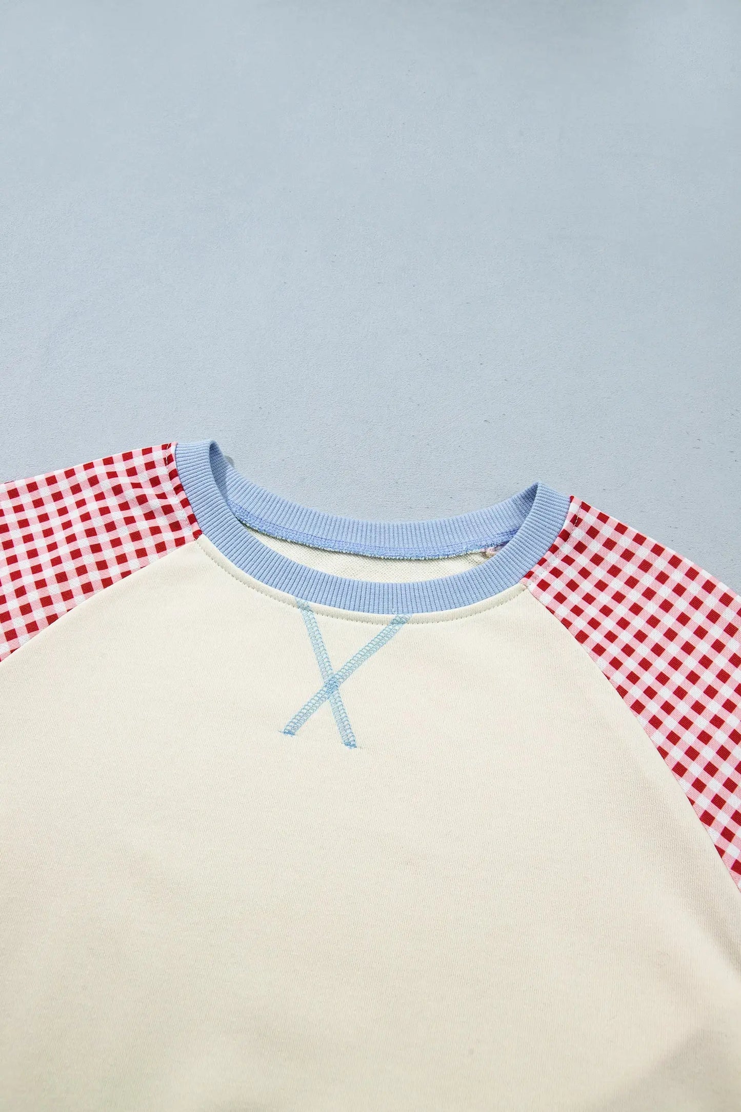 Beige Plaid Sleeve Colorblock Raglan Pullover Sweatshirt