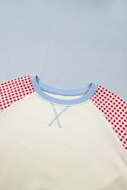 Beige Plaid Sleeve Colorblock Raglan Pullover Sweatshirt