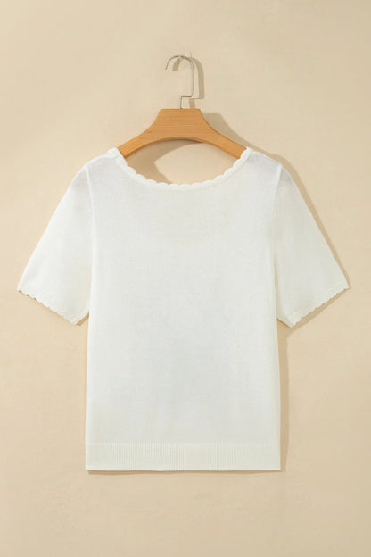 White Western Floral Print Short Sleeve Square Collar Knit Sweater