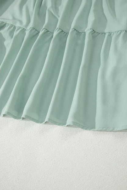 Bright Green Solid Color V Neck Short Puff Sleeve High Waist Tiered Maxi Dress - Casual Dresses
