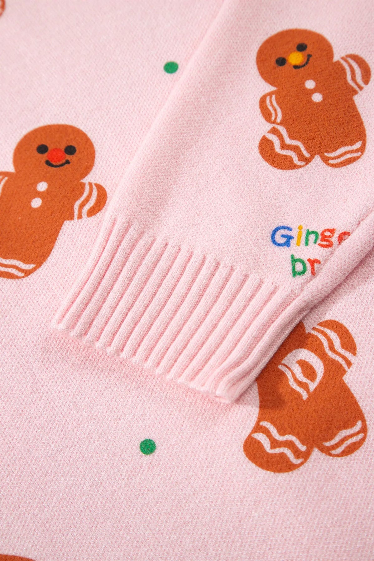 Pink Festive Gingerbread Pattern Long Sleeve Round Neck Sweater