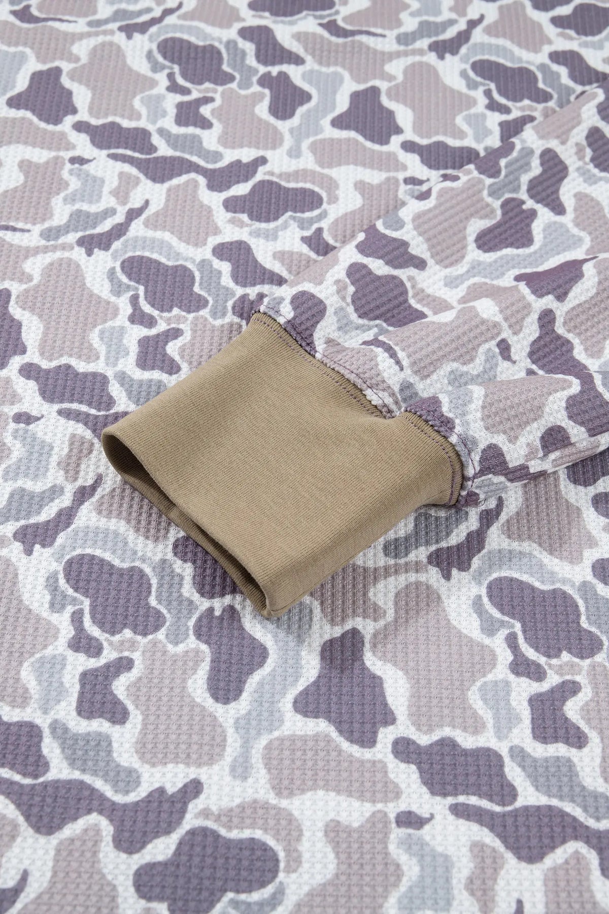 Khaki Camouflage Print Textured Knit Color Block Trim Long Sleeve Top