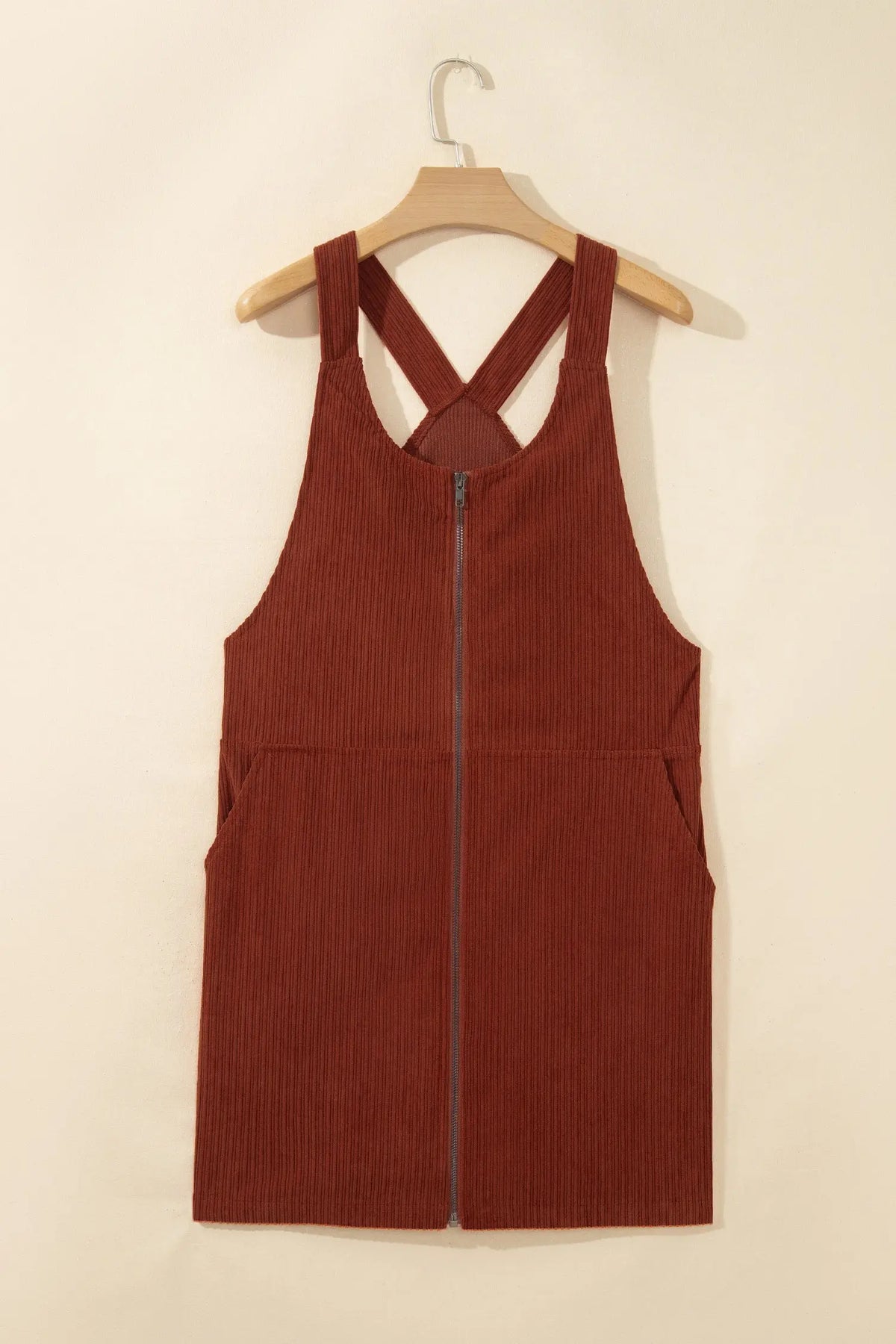 Clay Ribbed Corduroy Zip-Up Sleeveless Pocket Sheath Dress hanging view · nz-alt-v1