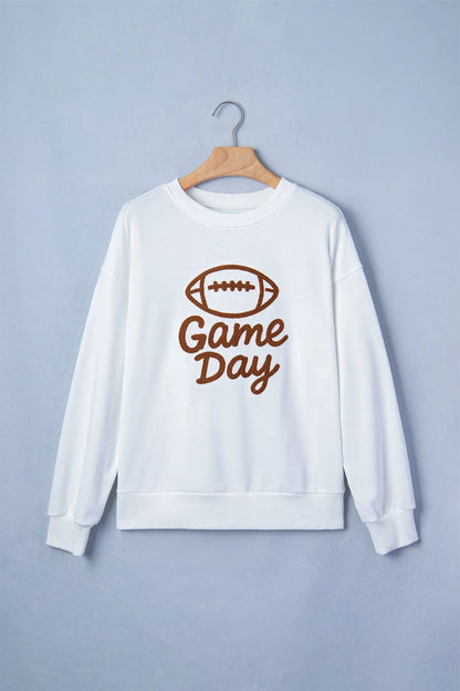 White Embroidered Slogan Game Day Rugby Pattern Crewneck Sweatshirt