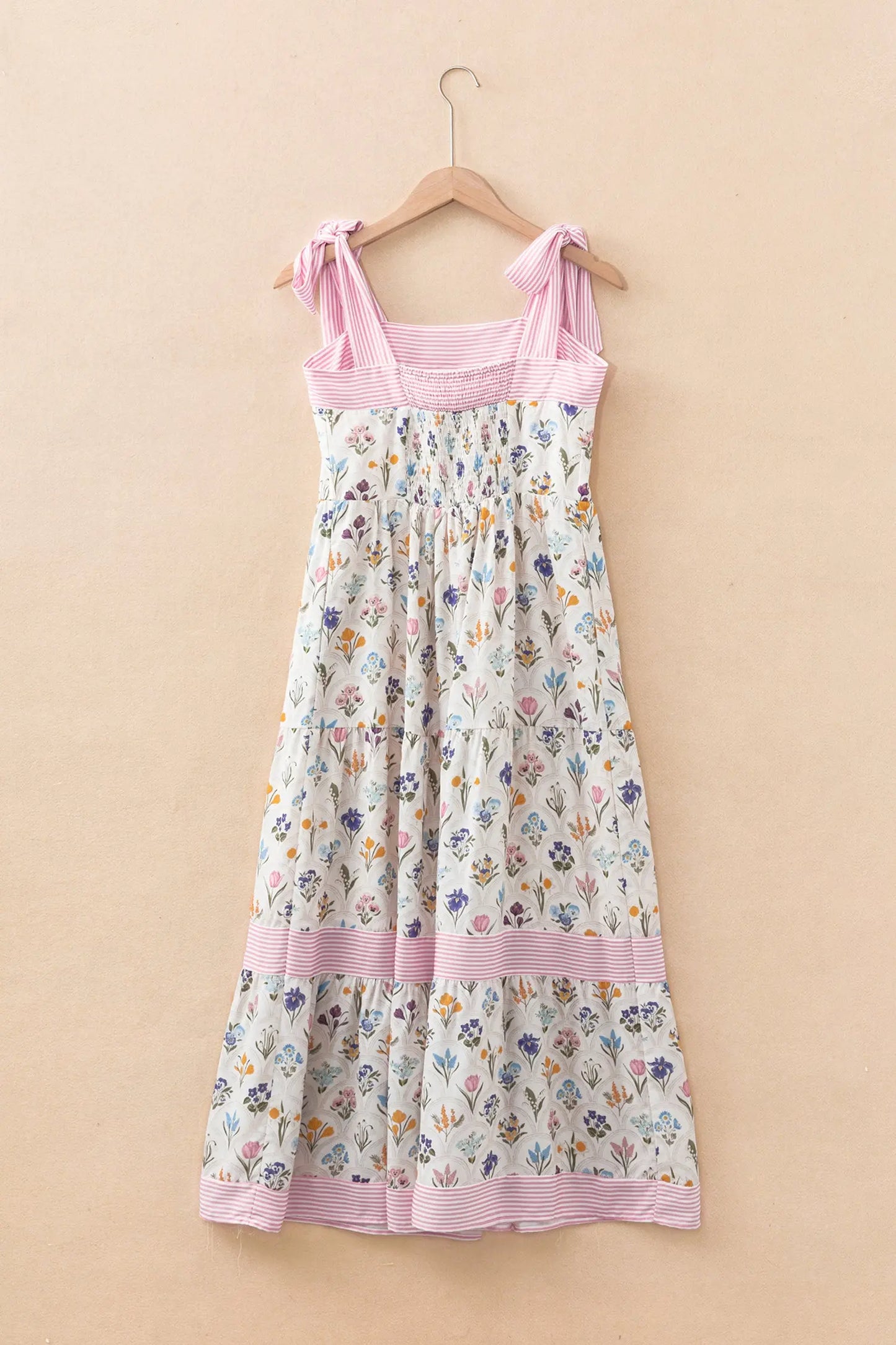 Multicolour Floral Print Striped Detail Knot Straps Maxi Dress