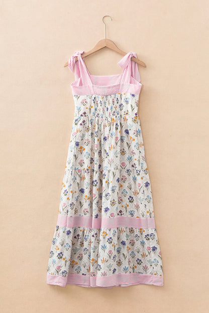 Multicolour Floral Print Striped Detail Knot Straps Maxi Dress