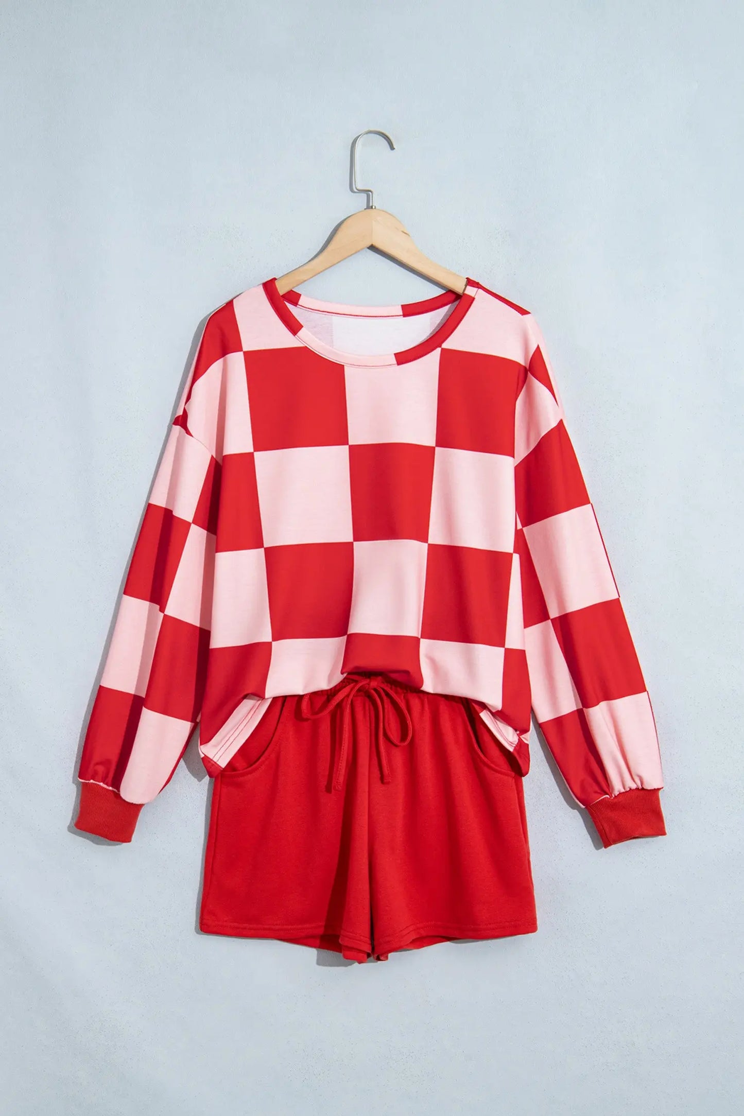 Khaki Checkerboard Plaid Long Sleeve Solid Color Shorts 2pcs Set