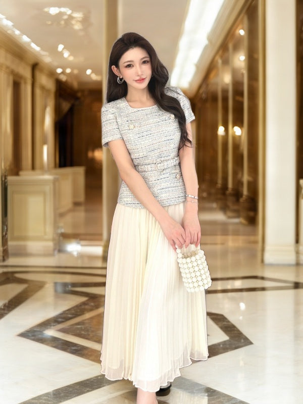 Belted Tweed Top & Pleated Maxi Skirt Set model front view · nz-bg-v1