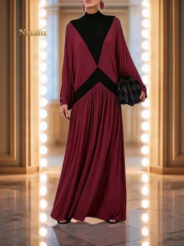 Colourblock Mock Neck Batwing Maxi Dress model front view · nz-alt-v1