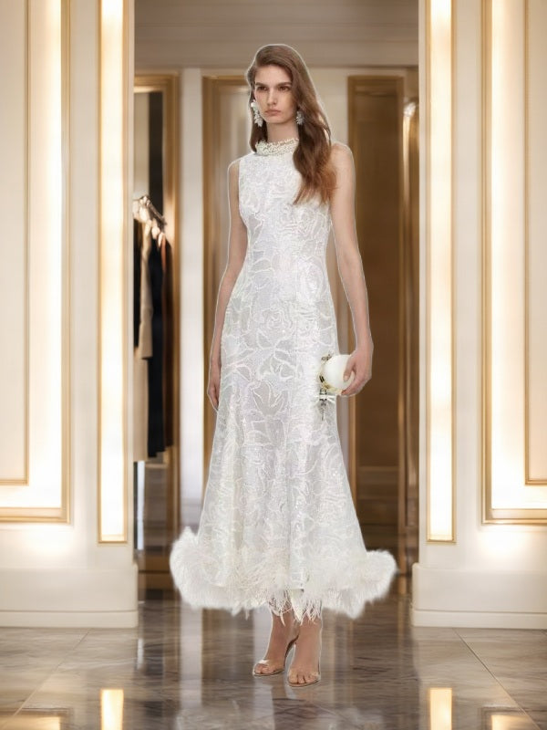 Sequin Feather-Trim Sleeveless Midi Dress in Ivory model front view · nz-bg-v1