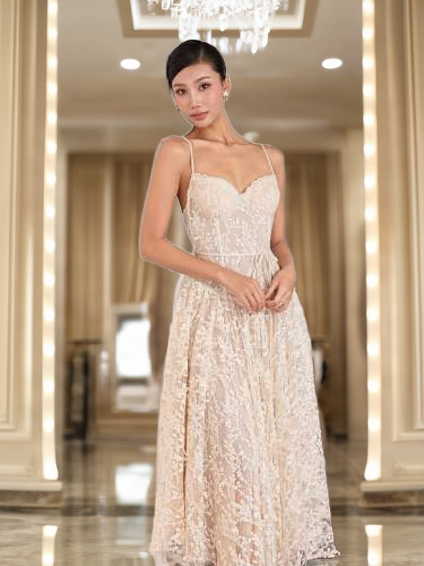 Ivory Lace Corset Midi Dress with Tie Waist model front view · nz-bg-v1