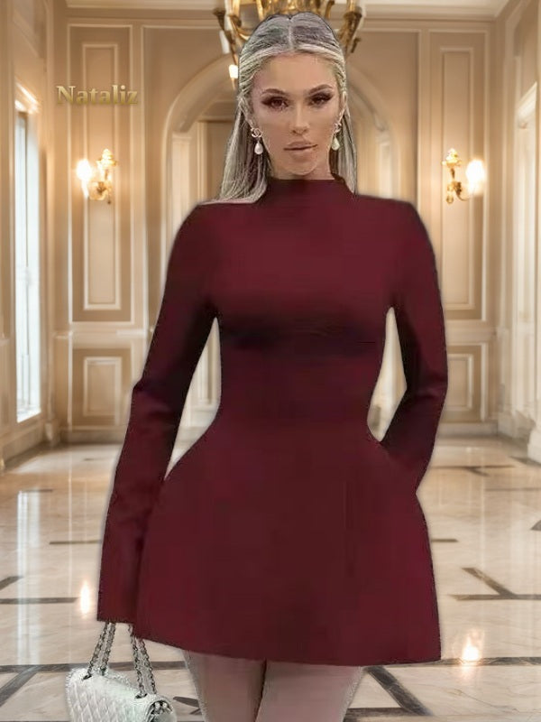Mock Neck Long Sleeve Fit and Flare Mini Dress model front view