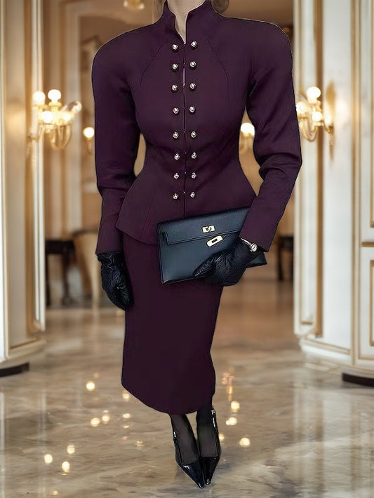 Plum Military Button Jacket and Midi Skirt Set model front view