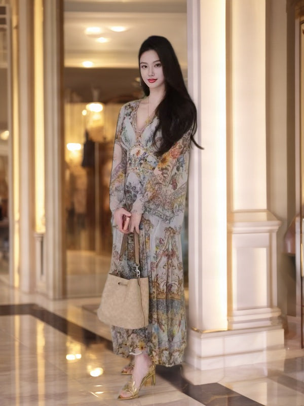 Baroque Floral Print V-Neck Maxi Dress model front view · nz-bg-v1