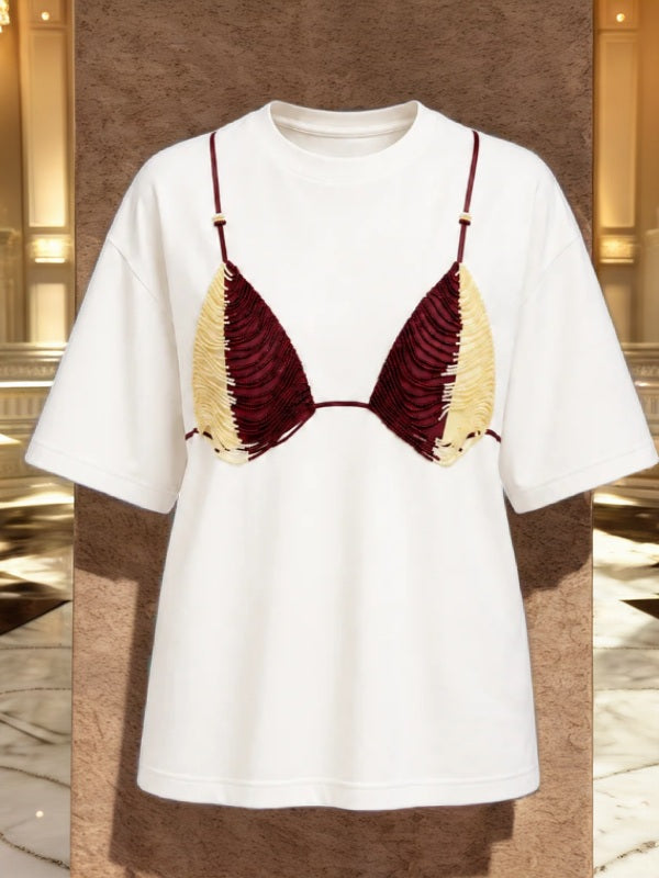 Oversized White Tee with Beaded Bralette Detail flat lay view · nz-bg-v1