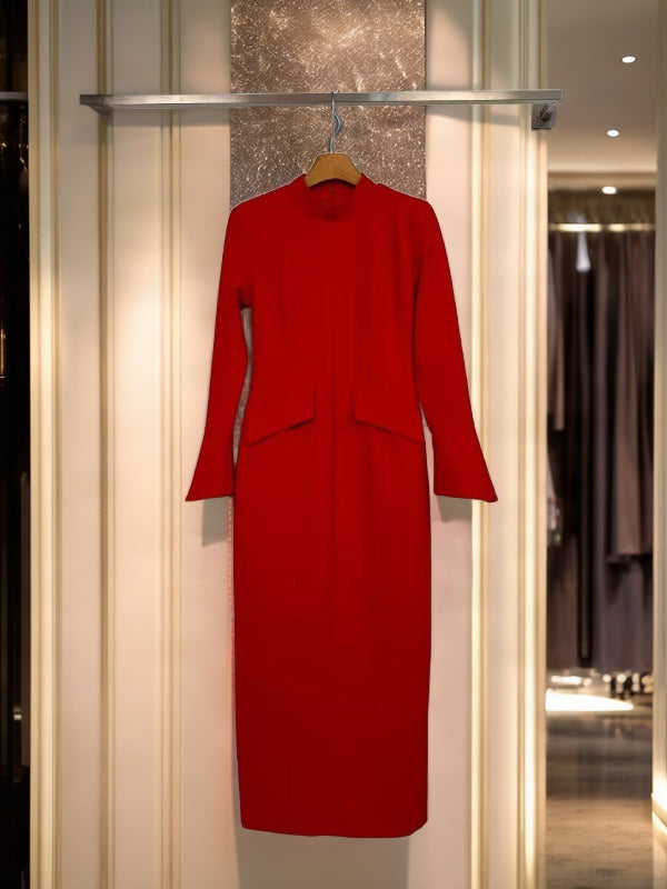 Mock Neck Long Sleeve Tailored Maxi Dress hanging view · nz-bg-v1