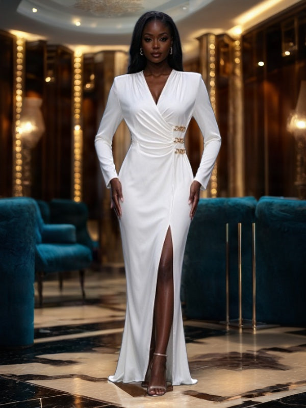 Chain Detail Wrap Maxi Dress in Ivory model front view · nz-bg-v1