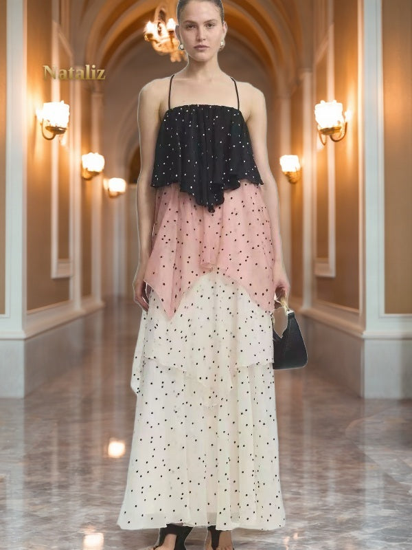 Tiered Polka Dot Maxi Dress in Black, Blush & Cream model front view