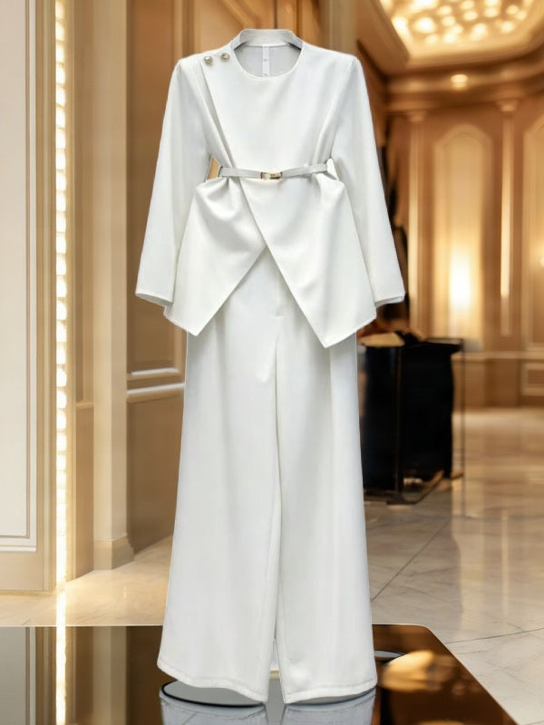 Belted Wrap-Front Top and Wide-Leg Trouser Set flat lay view · nz-bg-v1