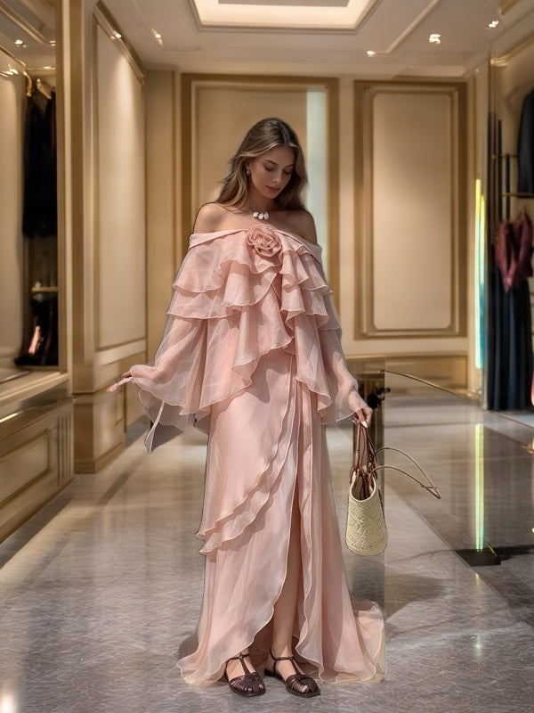 Off-Shoulder Ruffle Maxi Dress in Blush Pink model front view · nz-bg-v1