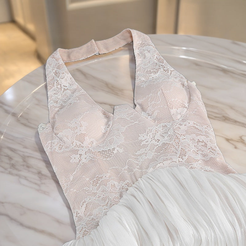 Halter Neck Lace Maxi Dress with Ruched Peplum detail view · nz-bg-v1