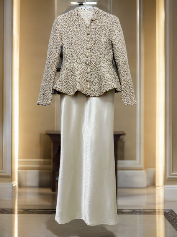Tweed Peplum Jacket & Satin Maxi Skirt Set hanging view · nz-bg-v1