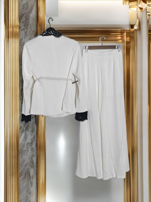 Lace-Trim White Blazer and Wide-Leg Trouser Set hanging view · nz-bg-v1