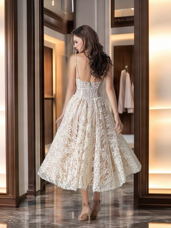 Ivory Lace Corset Midi Dress with Tie Waist model back view · nz-bg-v1