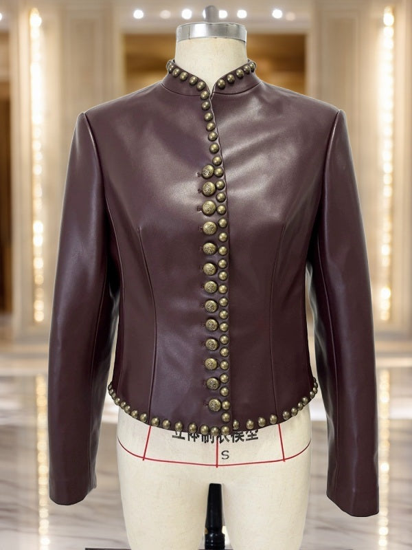Studded Burgundy Cropped Leather Jacket mannequin view · nz-bg-v1