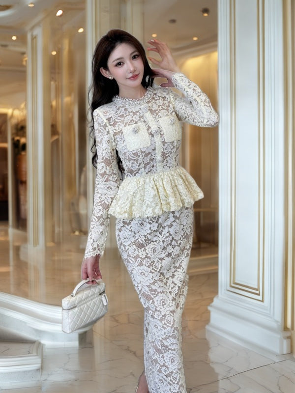 Ivory Lace Peplum Top and Maxi Skirt Set model front view · nz-bg-v1
