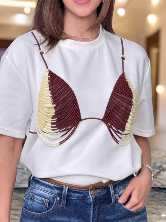 Oversized White Tee with Beaded Bralette Detail model front view · nz-bg-v1