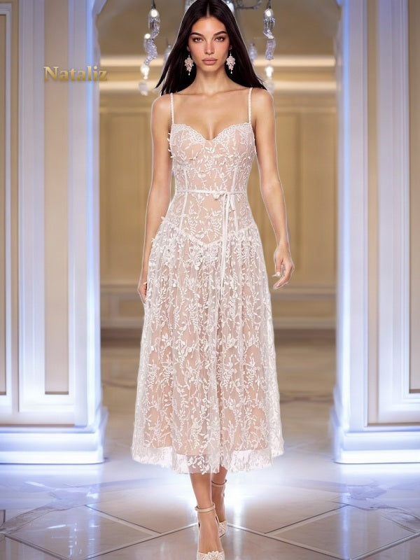 Ivory Lace Corset Midi Dress with Tie Waist