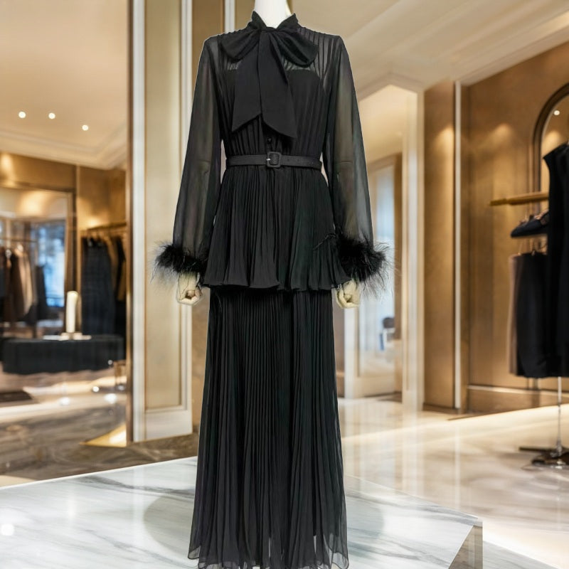 Feather Cuff Pussybow Blouse & Pleated Maxi Skirt Set mannequin view · nz-bg-v1