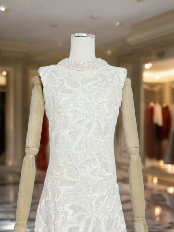 Sequin Feather-Trim Sleeveless Midi Dress in Ivory mannequin view · nz-bg-v1