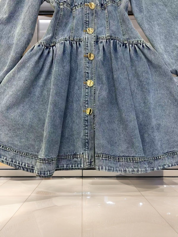 Puff Sleeve Denim Shirt Dress with Gold Buttons detail view · nz-bg-v1