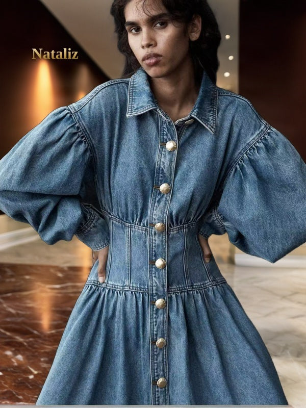 Puff Sleeve Denim Shirt Dress with Gold Buttons model front view · nz-alt-v1