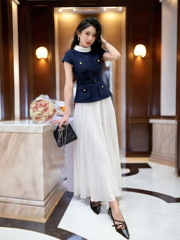 Navy Belted Top & White Pleated Maxi Skirt Set model front view · nz-bg-v1