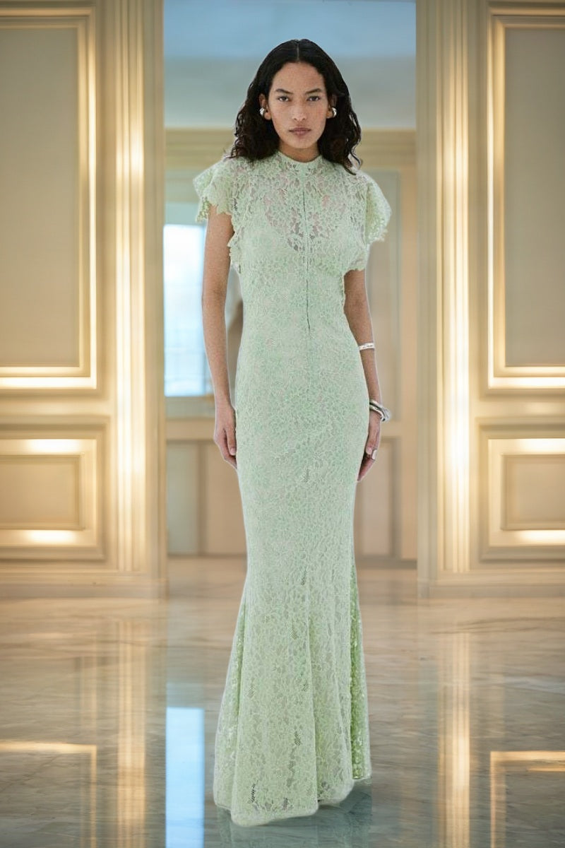 Floral Lace Flutter Sleeve Maxi Gown in Sage model front view · nz-bg-v1