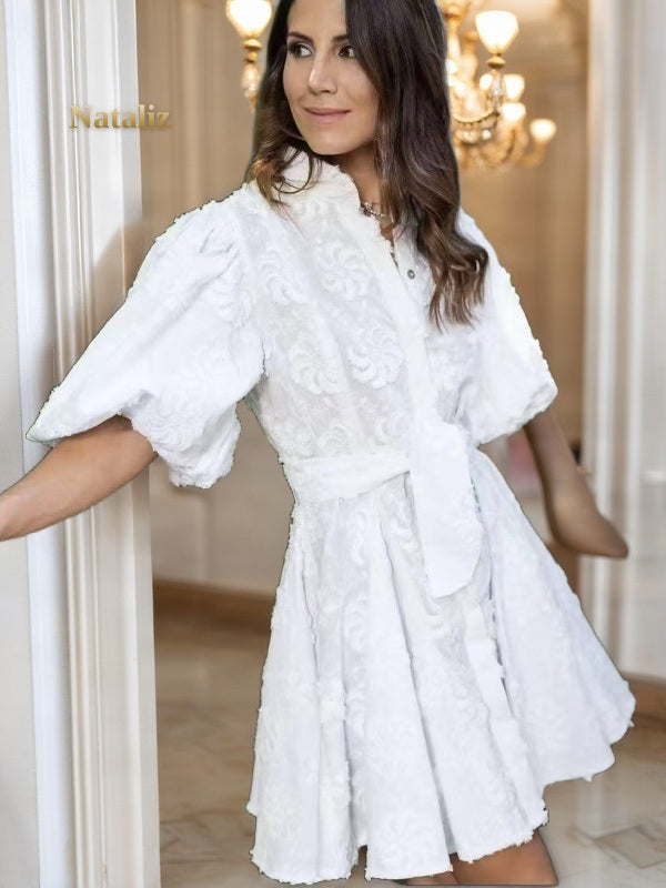 Floral Appliqué Puff Sleeve Mini Dress model front view