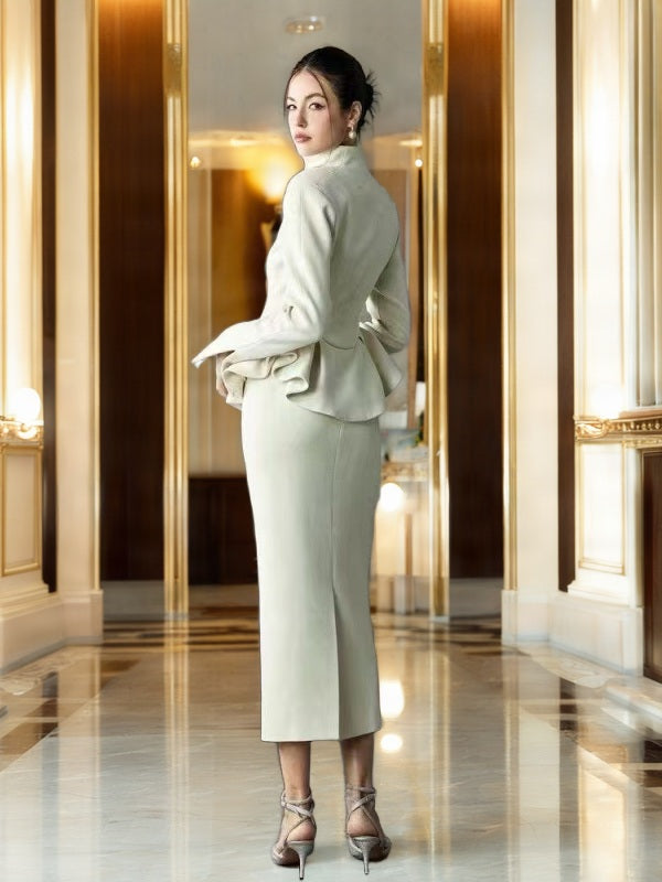 Ivory Peplum Jacket and Midi Skirt Two-Piece Set model back view · nz-bg-v1